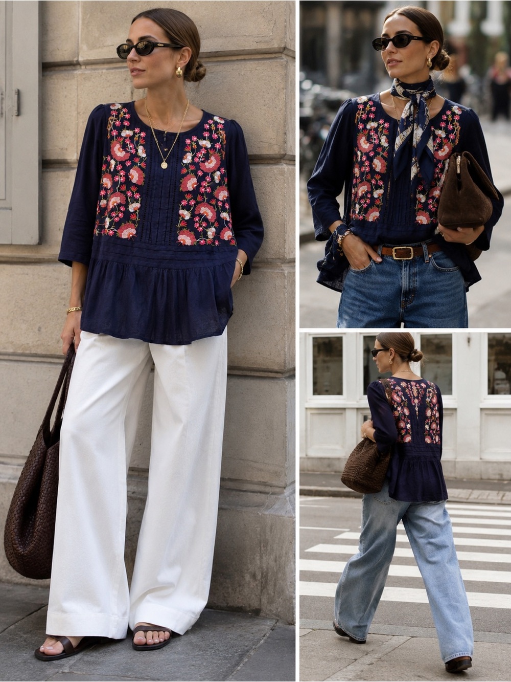 Anthro Embroidered Navy Peasant Top with Floral Detail
